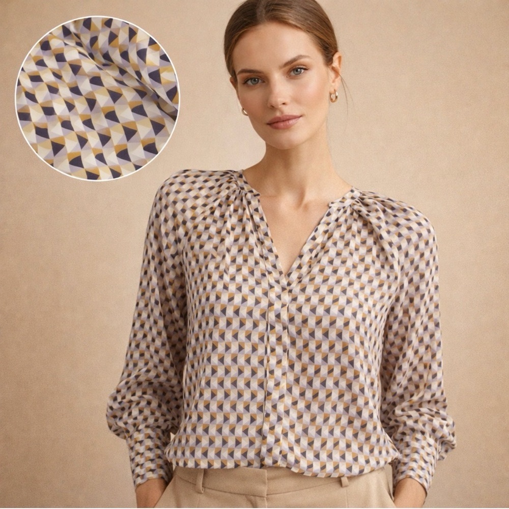Worthington Tri-Tone Geometric Blouse - Lightweight Long Sleeve V-Neck Top XS